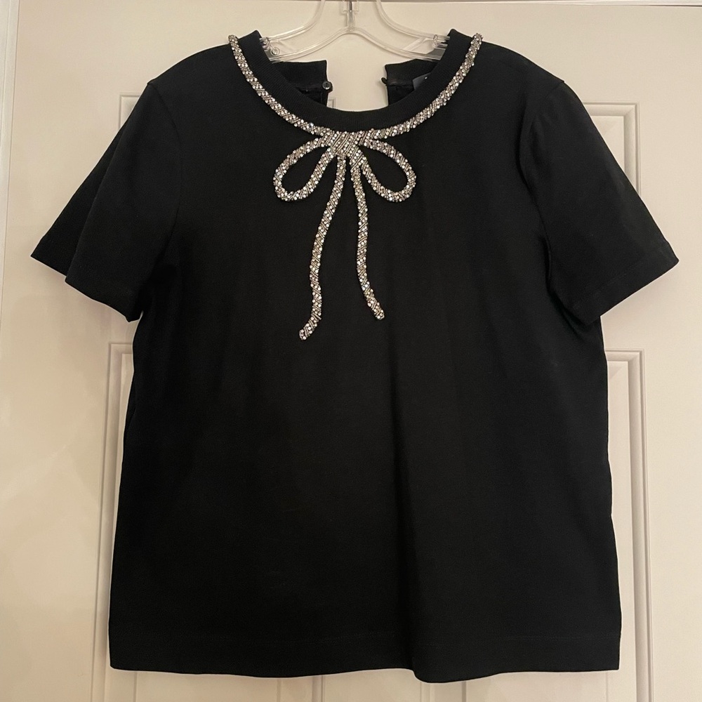Maeve Anthropologie NWT Black Short Sleeve Top with Embellished Bow Medium